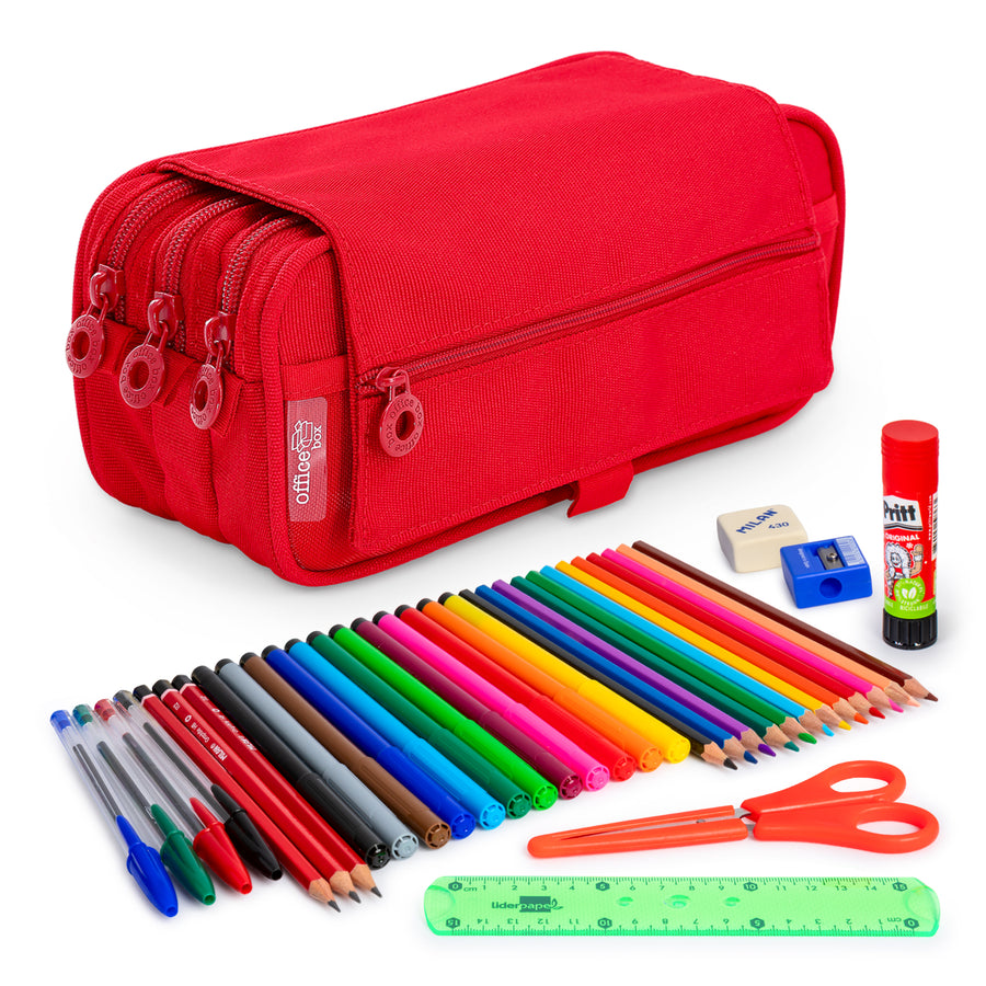 ColePack Eco - Estuche Triple de 3 Cremalleras con Material Escolar Incluido. Rojo