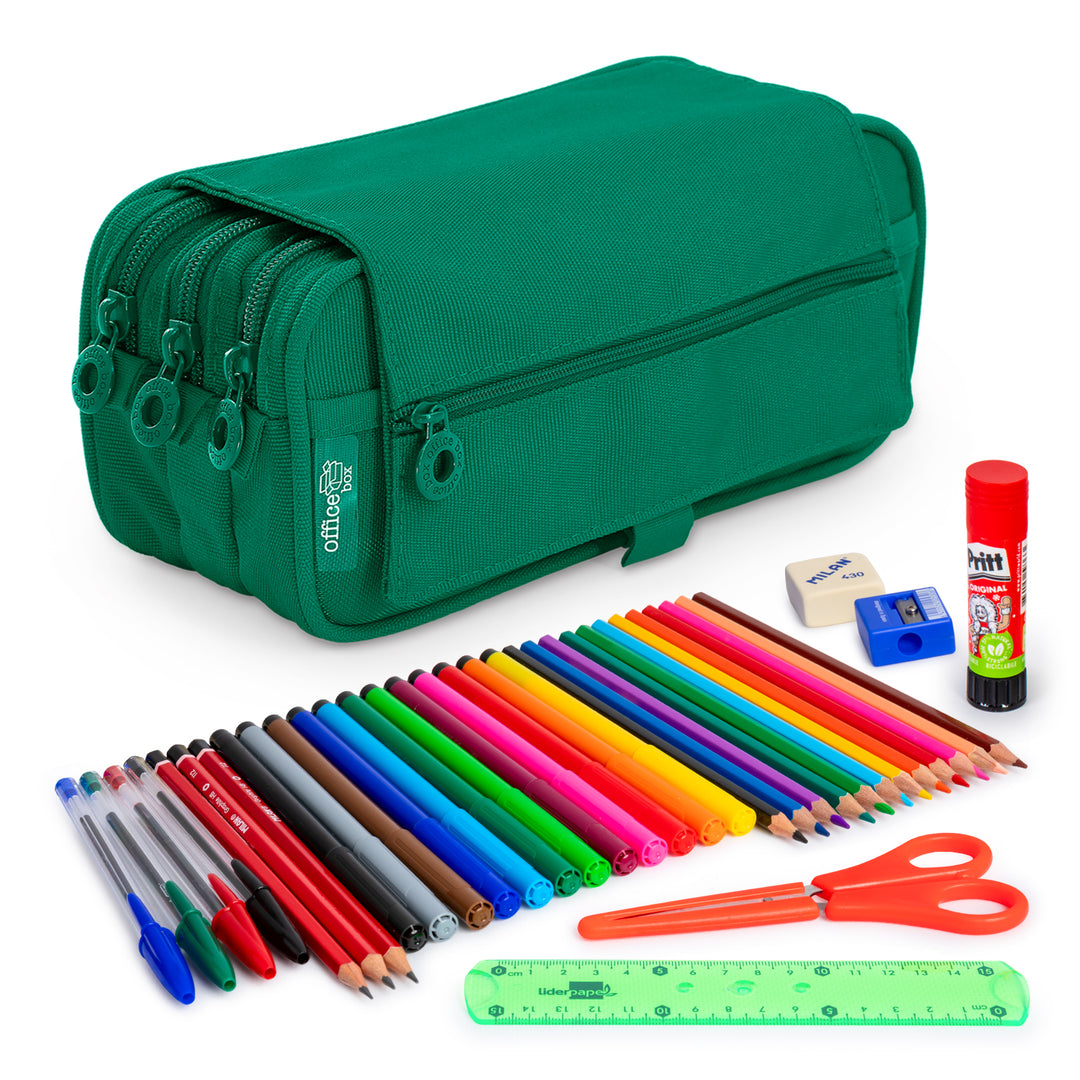 ColePack Eco - Estuche Triple de 3 Cremalleras con Material Escolar Incluido. Verde