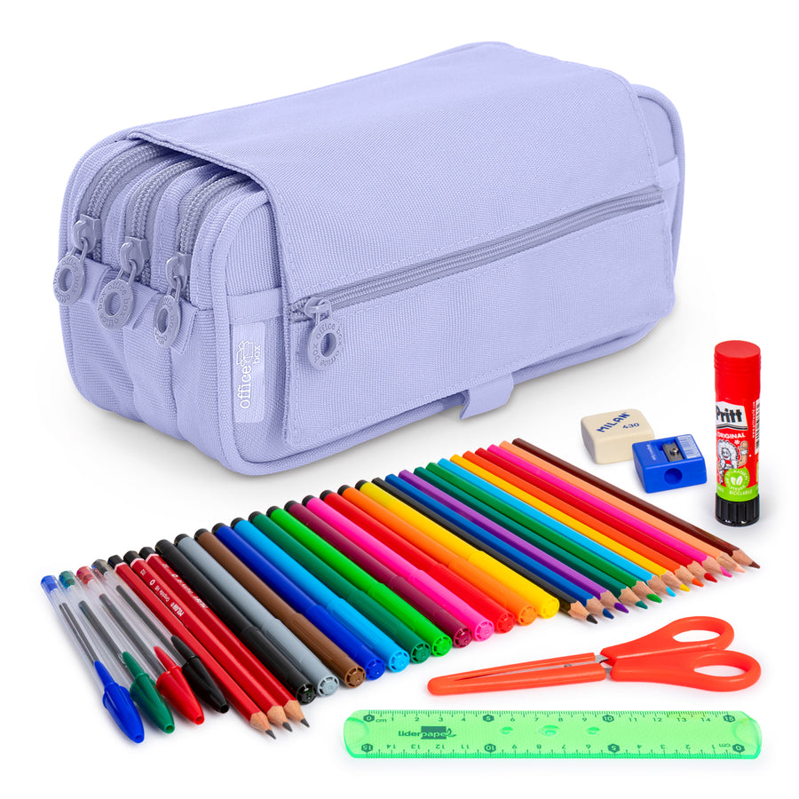 ColePack Eco - Estuche Triple de 3 Cremalleras con Material Escolar Incluido. Violeta