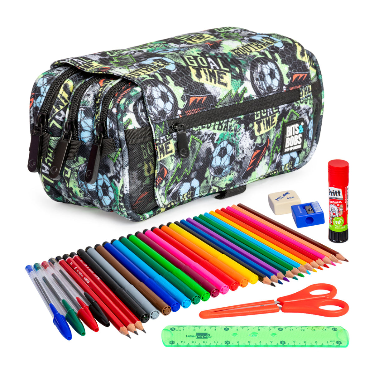 ColePack EcoDes - Estuche Triple de 3 Cremalleras con Material Escolar Incluido. Goal Time
