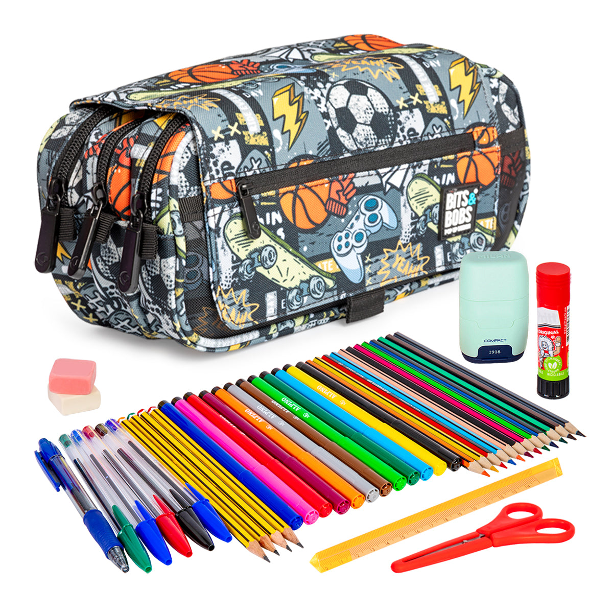 ColePack Design - Estuche Triple de 3 Cremalleras con Material Escolar Incluido. Free Sport