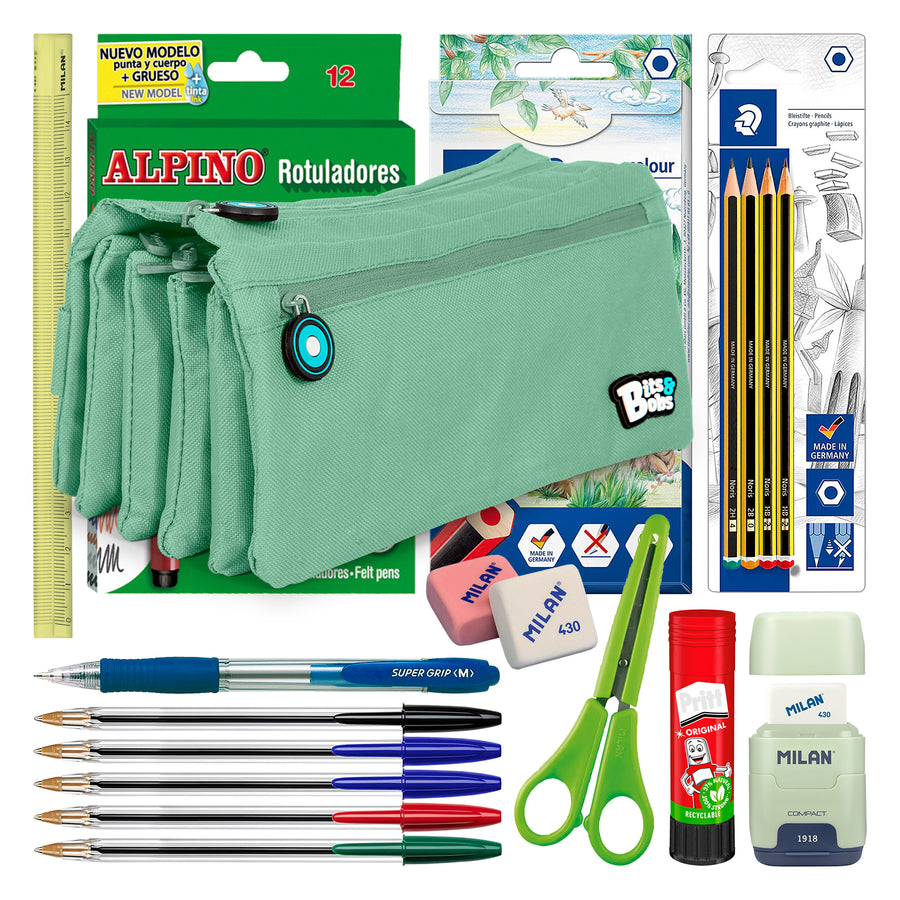 ColePack BitsBobs - Estuche Escolar Cuádruple de 4 Cremalleras y Material Incluido. Mint Soft