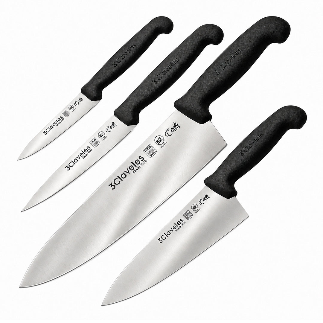 3 Claveles COOK - Juego de 4 Cuchillos Profesionales Cocinero Ergonomicos NSF. Negro