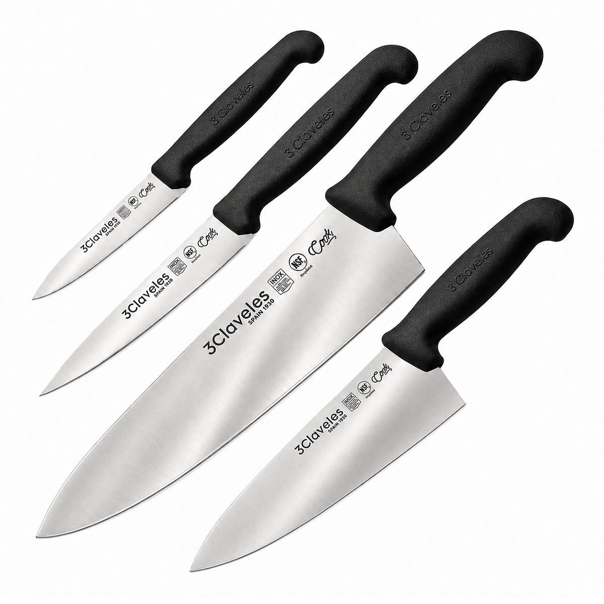 3 Claveles COOK - Juego de 4 Cuchillos Profesionales Cocinero Ergonomicos NSF. Negro