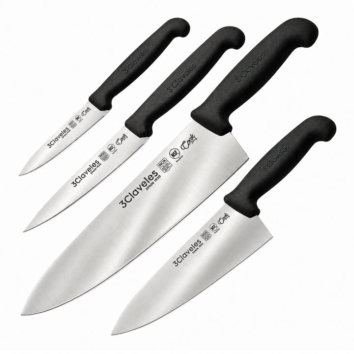 3 Claveles COOK - Juego de 4 Cuchillos Profesionales Cocinero Ergonomicos NSF. Negro