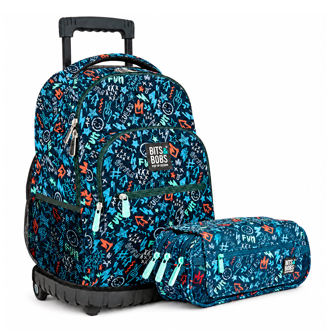Grafoplás Design - Kit de Estuche y Mochila Escolar con Carrito Integrado. Peace