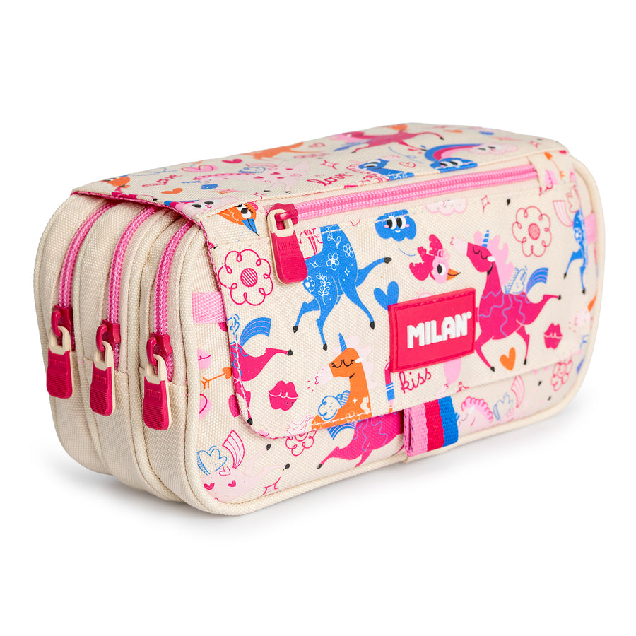 Milan Flowicorn - Estuche Portatodo Triple con Cuatro Cremalleras para Material Escolar