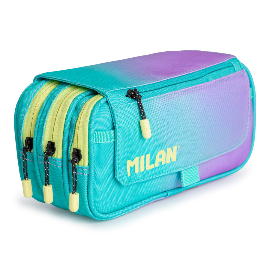 Milan Sunset Turquesa - Estuche Portatodo Triple con Cuatro Cremalleras para Material Escolar