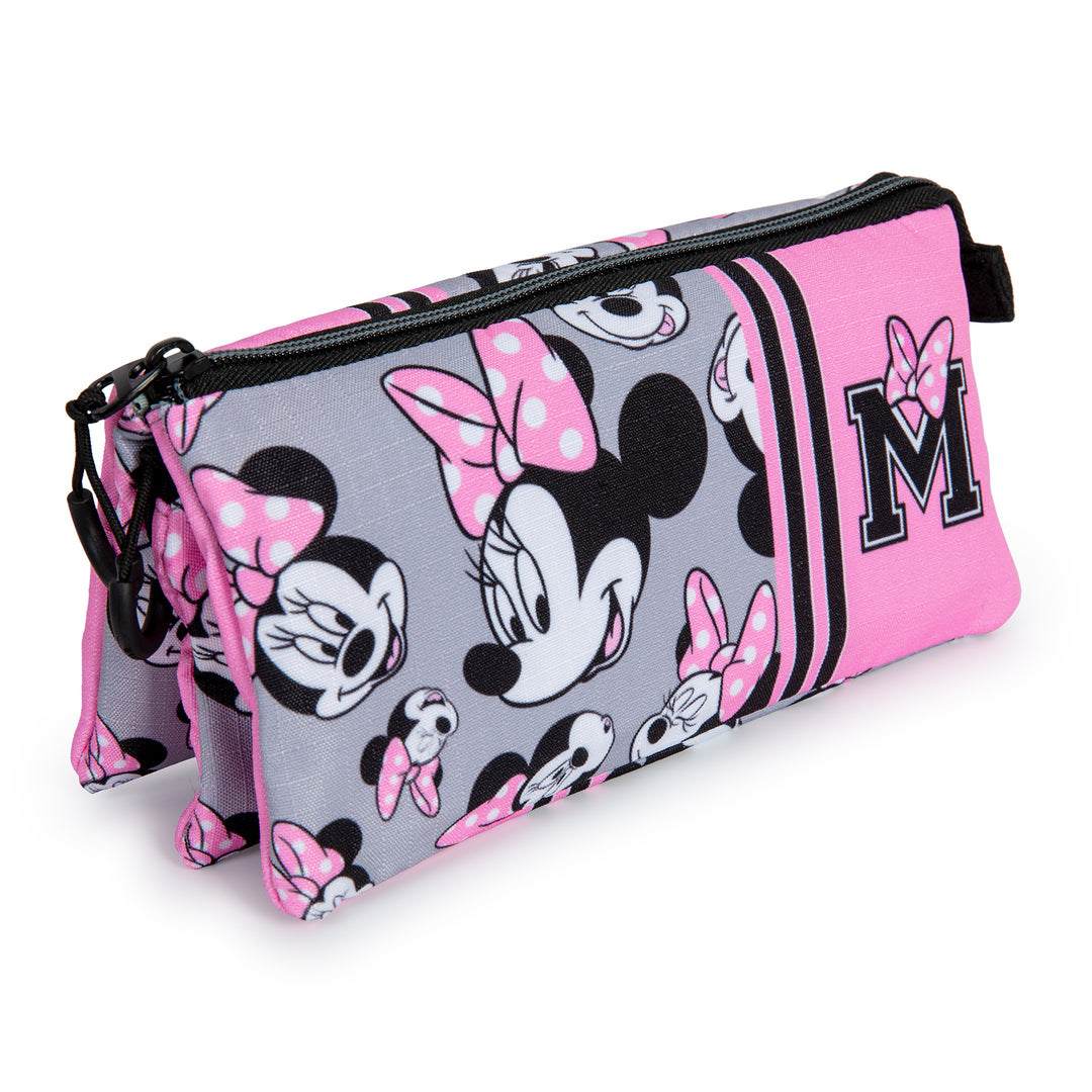 DISNEY Minnie Mouse Ribbons - Estuche Escolar Triple Portatodo con 2 Cremalleras. Gris