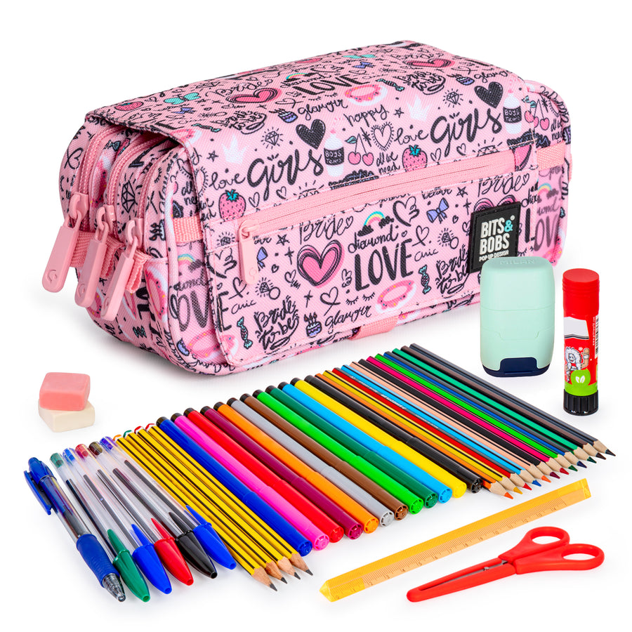 ColePack Design - Estuche Triple de 3 Cremalleras con Material Escolar Incluido. Sweet