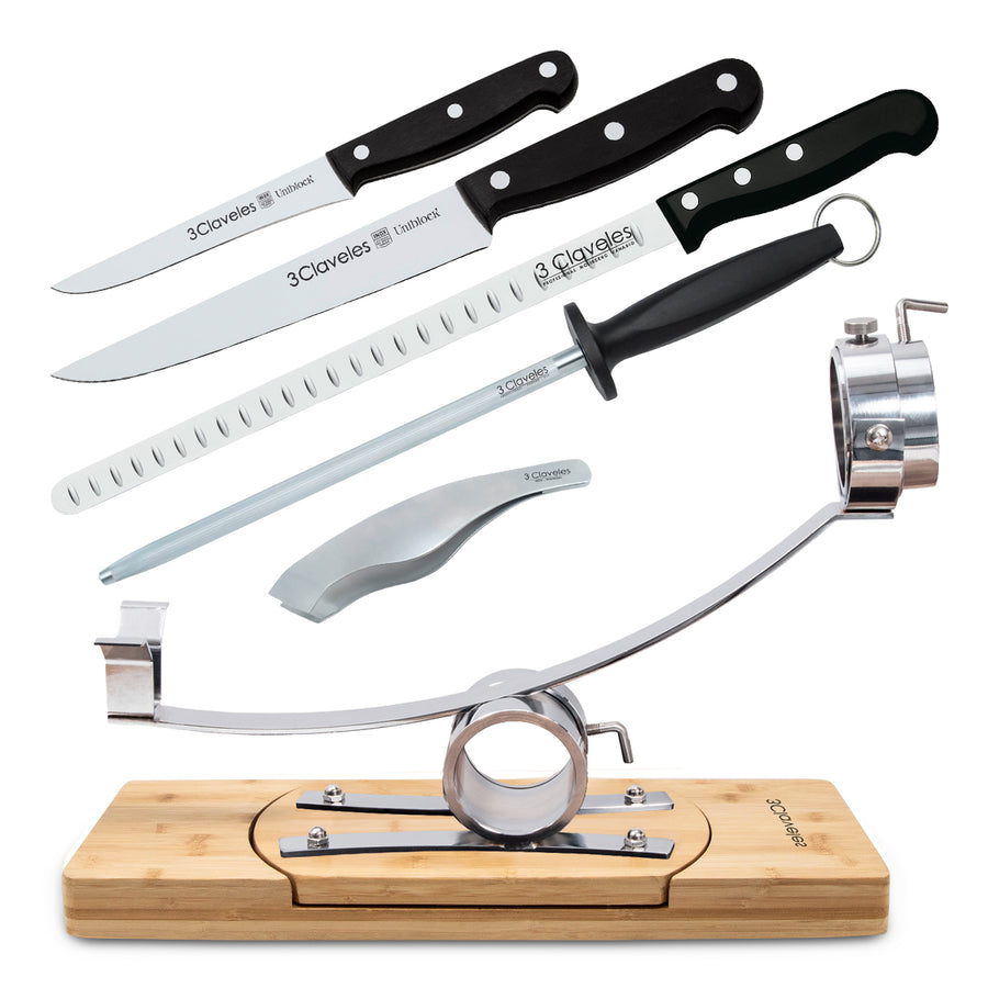 3 Claveles 01742 - Soporte Jamonero Basculante 360º y Kit de Corte Profesional Uniblock