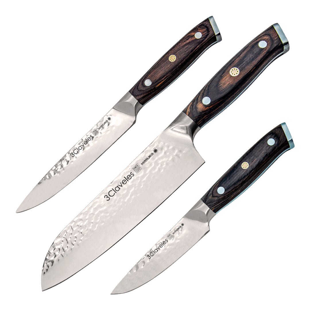 3 Claveles Kimura - Juego de 3 Cuchillos de Acero Forjado Hoja Martilleada Mango Pakka