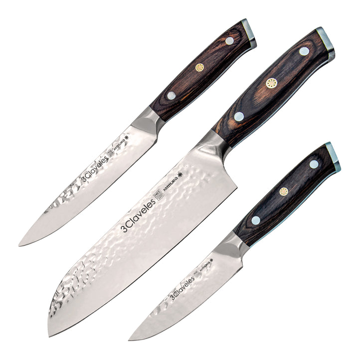 3 Claveles Kimura - Juego de 3 Cuchillos de Acero Forjado Hoja Martilleada Mango Pakka