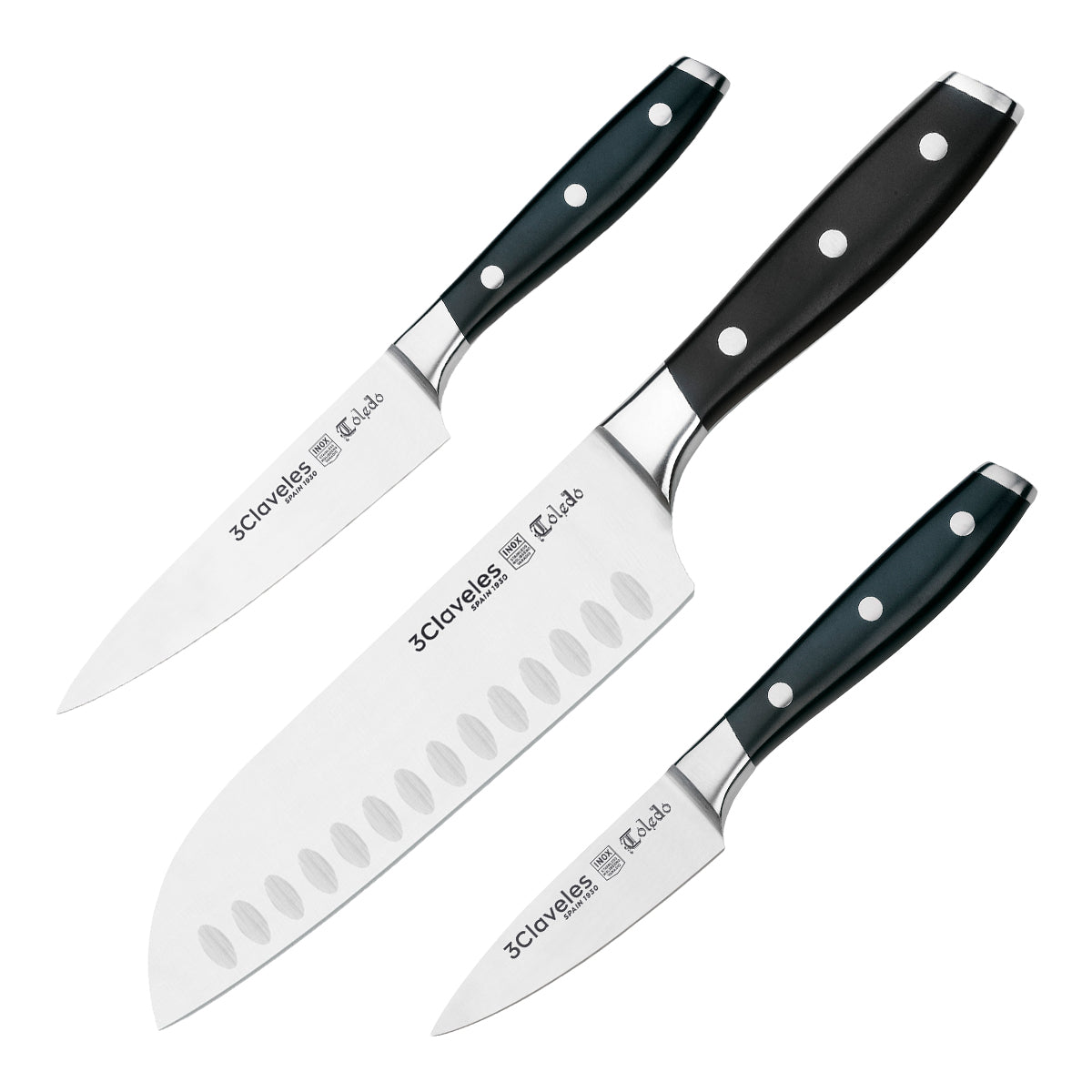 3 Claveles Toledo - Juego de 3 Cuchillos Profesionales Santoku Acero Inoxidable Forjado
