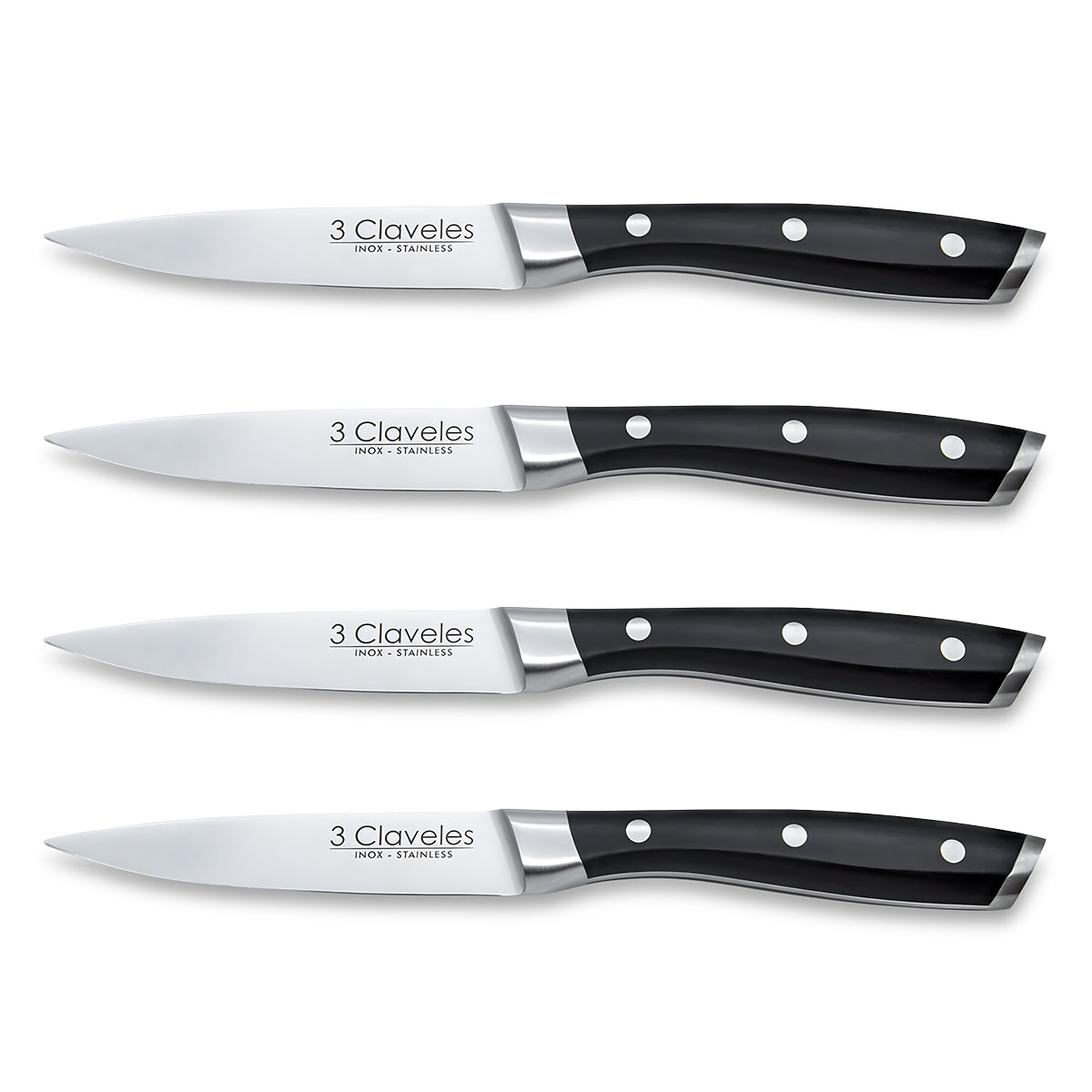 3 Claveles - Set de 4 Cuchillos Chuleteros Profesionales 11.5 cm Acero Inoxidable Mango ABS
