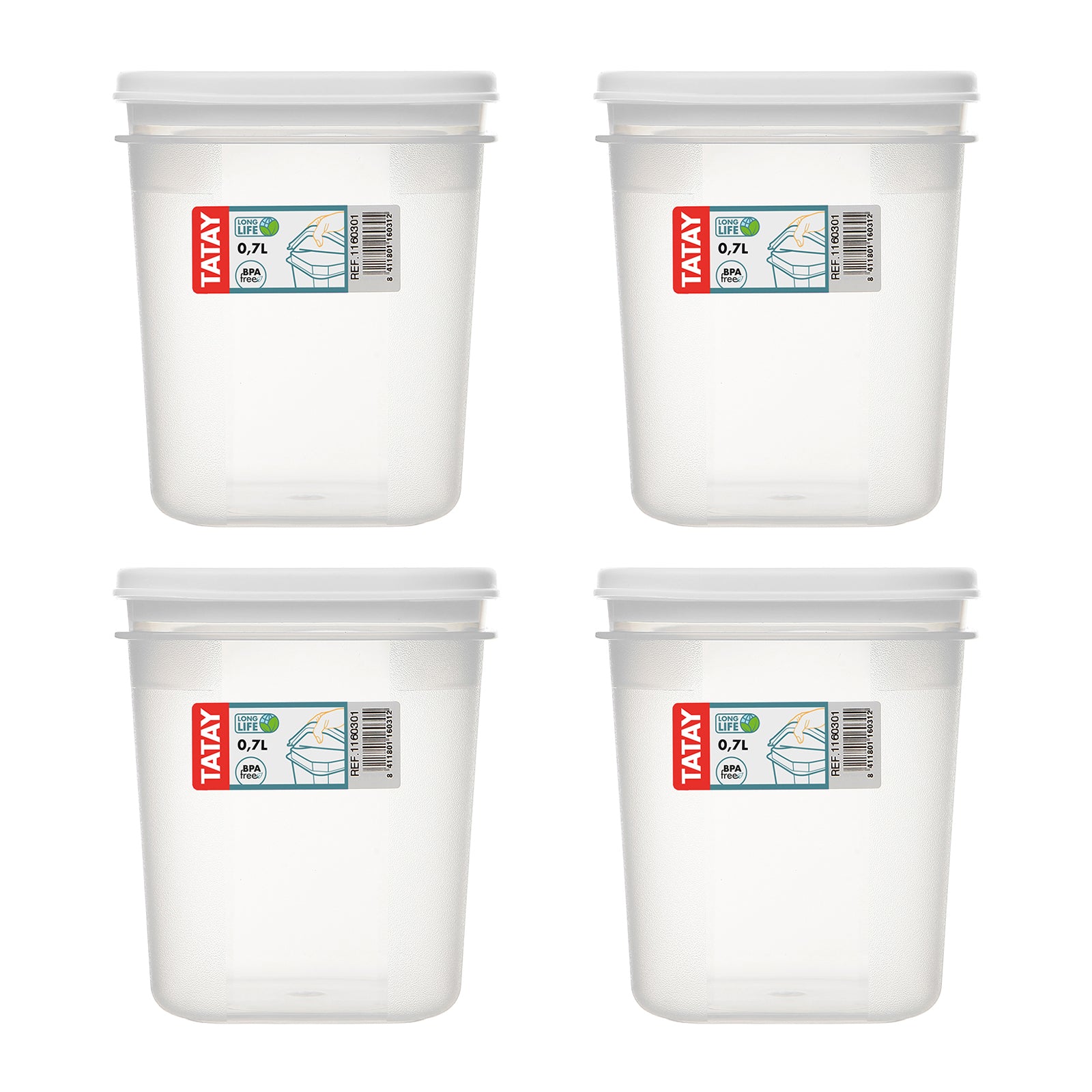 TATAY Top Flex - Juego de 4 Recipientes Cuadrados Altos 0.7L con Cierre a Presión. Blanco