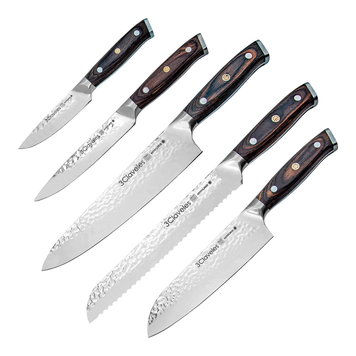 3 Claveles Kimura- Juego de 5 Cuchillos de Acero Forjado Hoja Martilleada Mango Pakka