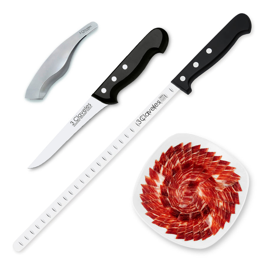 3 Claveles POM - Kit Profesional de Cuchillo Jamonero con Deshuesador y Pinzas