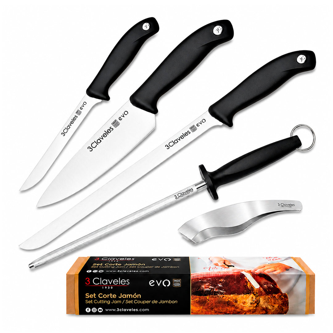 3 Claveles EVO - Kit Profesional de Cuchillo Jamonero Deshuesadores Chaira y Pinzas