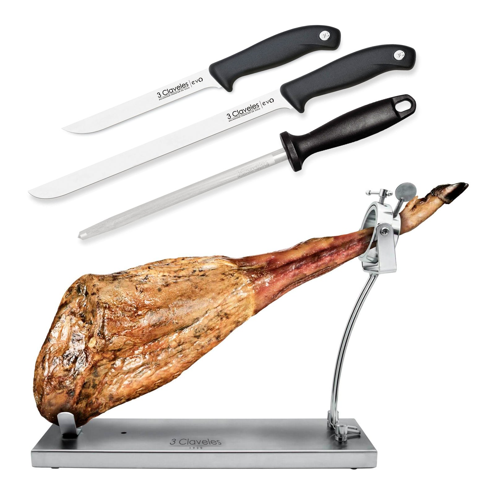 Soporte Jamonero Basculante 3 Claveles - Acero Inoxidable, Base 50x18cm, Cabezal Giratorio, Sujeción En V