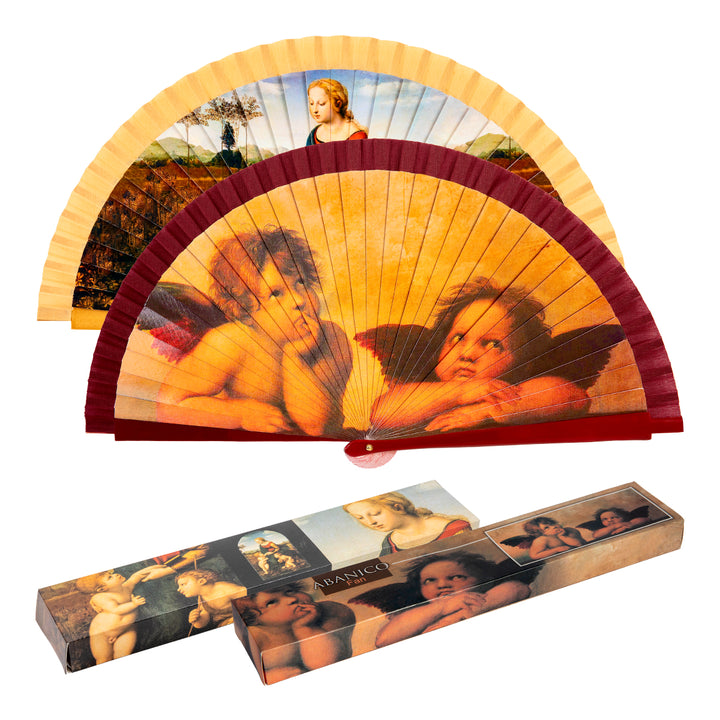 JAVIER Rafael Sanzio - Pack de 2 Abanicos de 23 cm con Varillas de Madera Estampada y Tela
