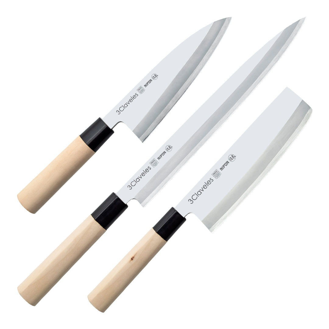 3 Claveles NIPON - Kit Cuchillos Grandes Tipo Japonés Acero Inoxidable y Mango de Arce