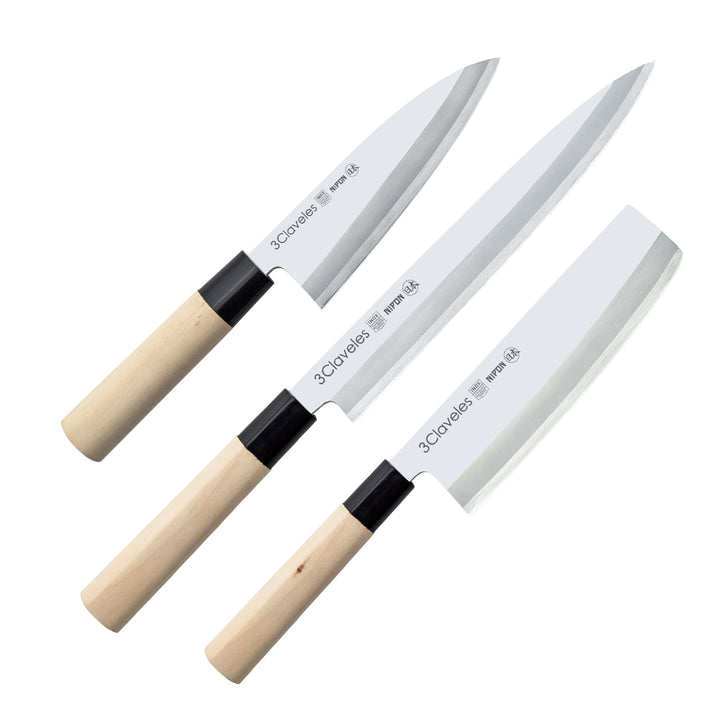 3 Claveles NIPON - Kit Cuchillos Medianos Tipo Japonés Acero Inoxidable y Mango de Arce