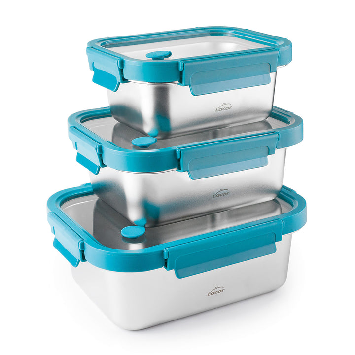 Lacor Etern - Lote de 3 Recipientes Rectangulares de 0.8L, 1.2L y 1.8L en Acero y Cristal Apto Microondas