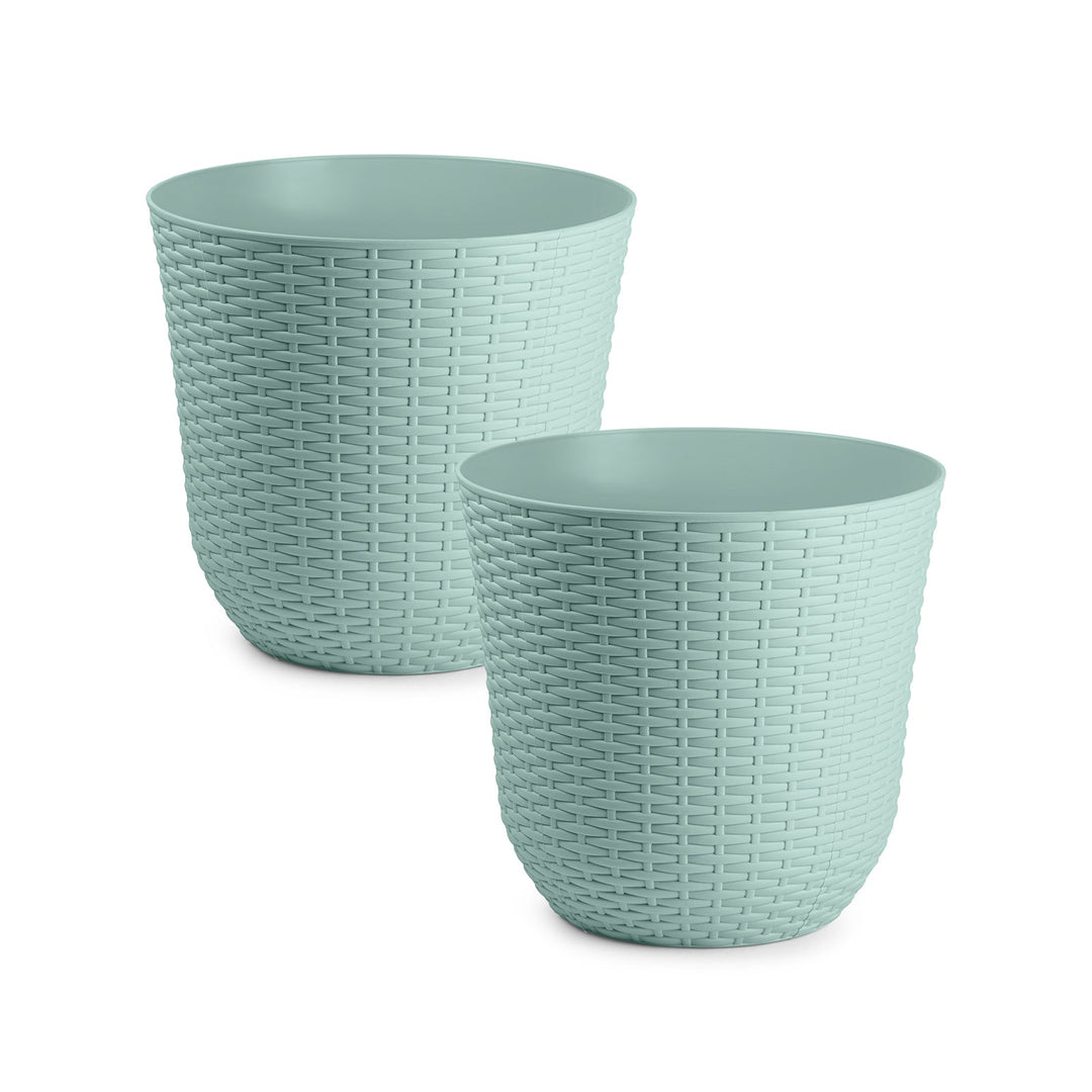 Plastic Forte Rattan - Lote de 2 Macetas Decorativas 25 cm. Uso Interior y Exterior. Verde