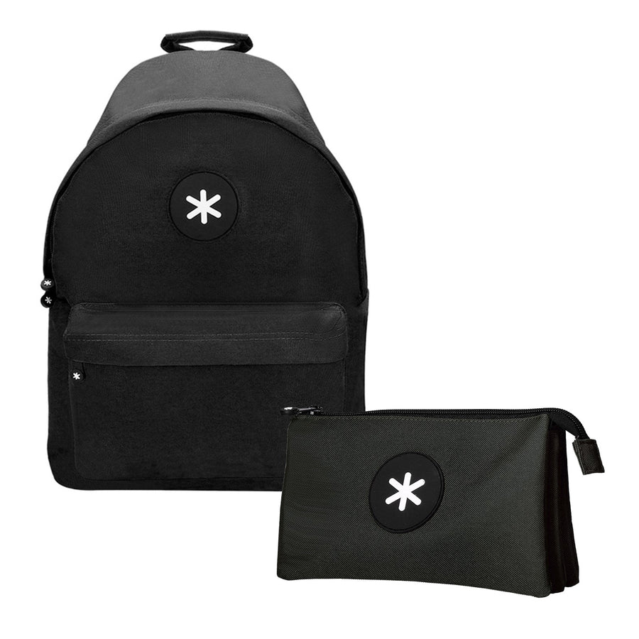 ANTARTIK - Conjunto Escolar con Mochila y Estuche Triple 2 Cremalleras. Negro