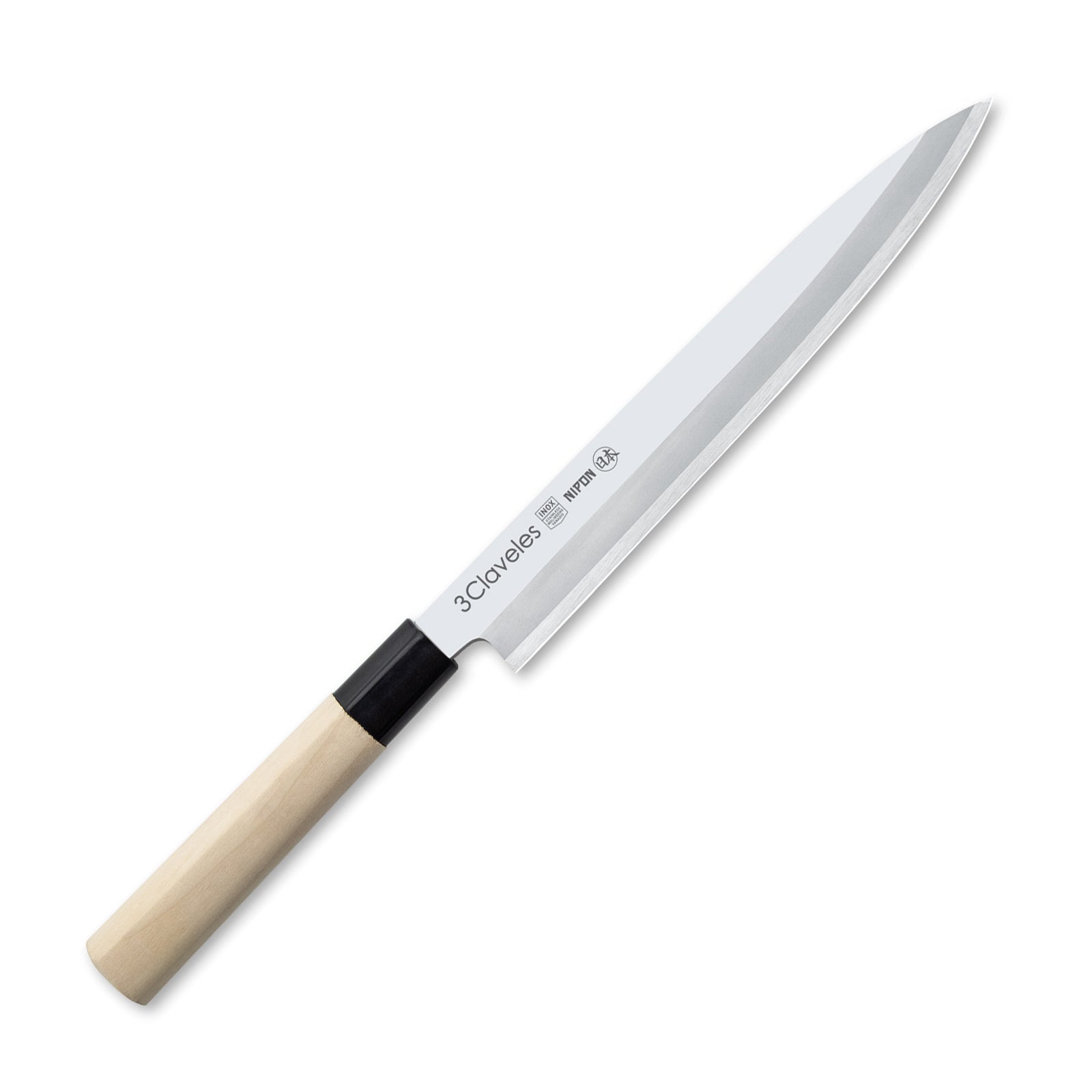 3 Claveles NIPON - Cuchillo Japones Yanagiba 24 cm Acero Inoxidable y Mango Madera de Arce