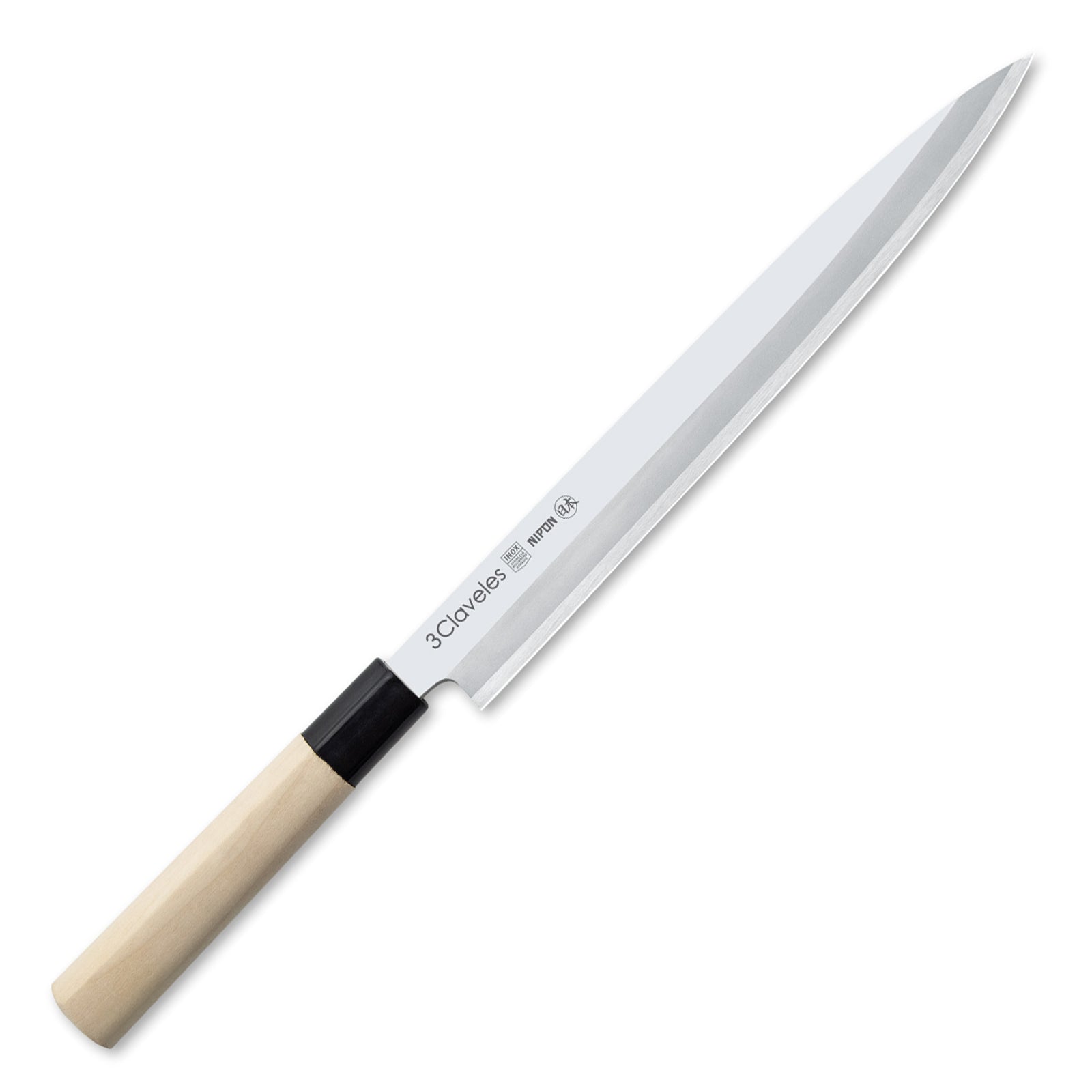 3 Claveles NIPON - Cuchillo Japones Yanagiba 30 cm Acero Inoxidable y Mango Madera de Arce