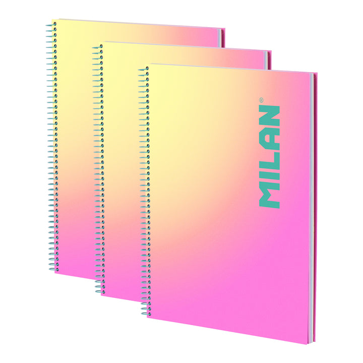 MILAN Sunset - Pack 3 Cuadernos A4 Espiral y Tapa Dura. Papel Cuadriculado 90 Hojas 95gr Rosa