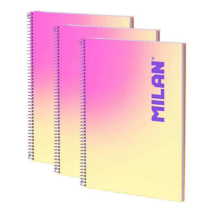 MILAN Sunset - Pack 3 Cuadernos A4 Espiral y Tapa Dura. Papel Pautado 90 Hojas 95gr Amarillo