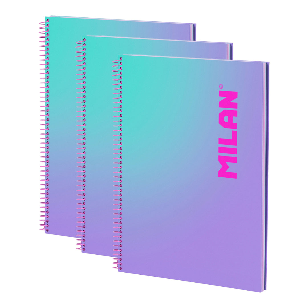 MILAN Sunset - Pack 3 Cuadernos A4 Espiral y Tapa Dura. Papel Cuadriculado 90 Hojas 95gr Lila