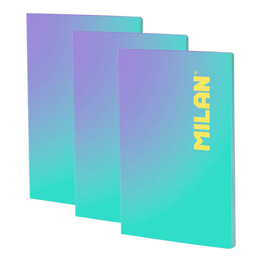 MILAN Sunset - Pack 3 Libretas A4 Encoladas. Papel Cuadriculado 48 Hojas 95gr Turquesa