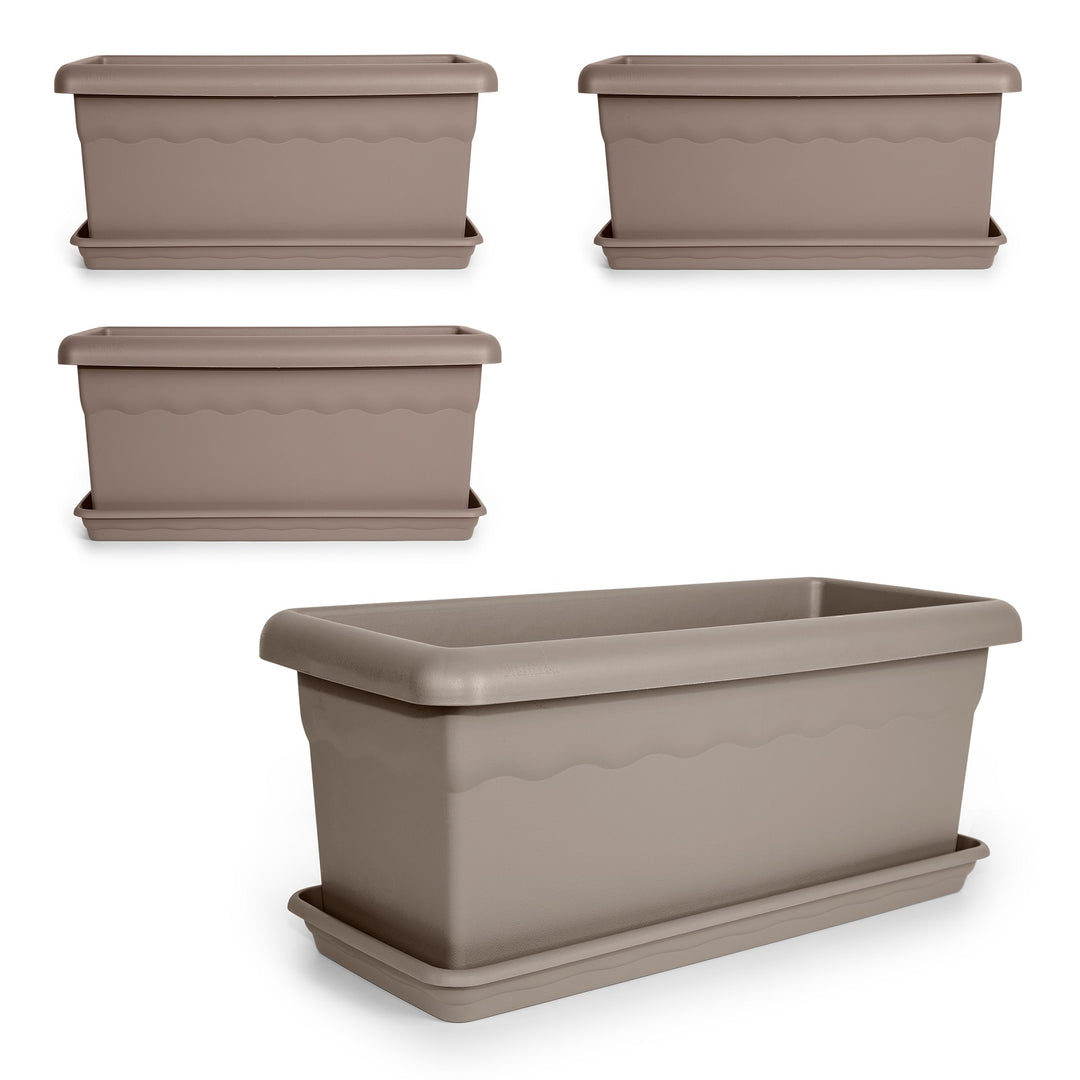 Plastiken TERRA - Set de 4 Jardineras con Platos Incluidos. Medida 50 cm 14L. Taupe