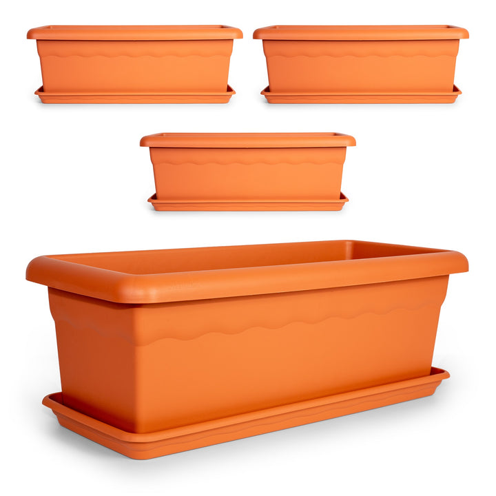 Plastiken TERRA - Set de 4 Jardineras con Platos Incluidos. Medida 60 cm 22L. Terracota