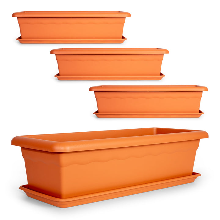 Plastiken TERRA - Set de 4 Jardineras con Platos Incluidos. Medida 80 cm 31L. Terracota