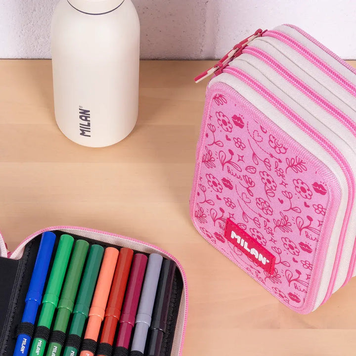 MILAN - Plumier de 3 Pisos con Contenido de 49 Piezas de Material Escolar. Flowicorn Rosa