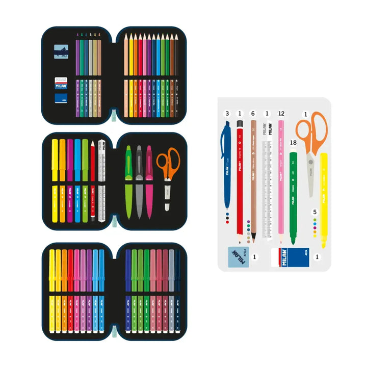 MILAN - Plumier de 3 Pisos con Contenido de 49 Piezas de Material Escolar. Serie The Fun
