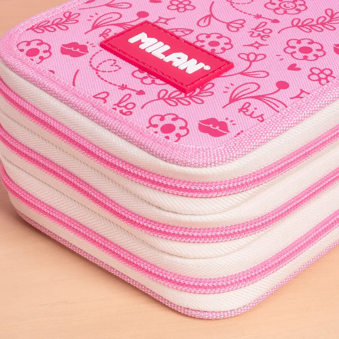 MILAN - Plumier de 3 Pisos con Contenido de 49 Piezas de Material Escolar. Flowicorn Rosa