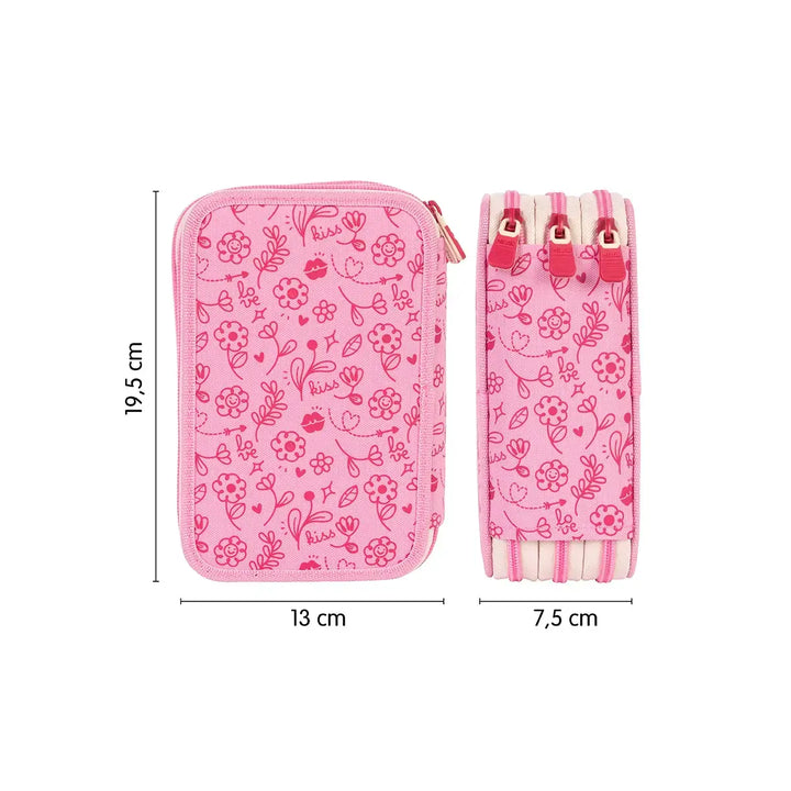 MILAN - Plumier de 3 Pisos con Contenido de 49 Piezas de Material Escolar. Flowicorn Rosa