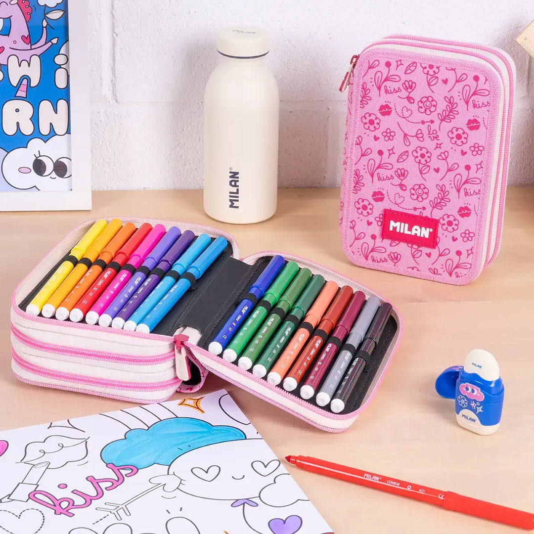 MILAN - Plumier de 3 Pisos con Contenido de 49 Piezas de Material Escolar. Flowicorn Rosa