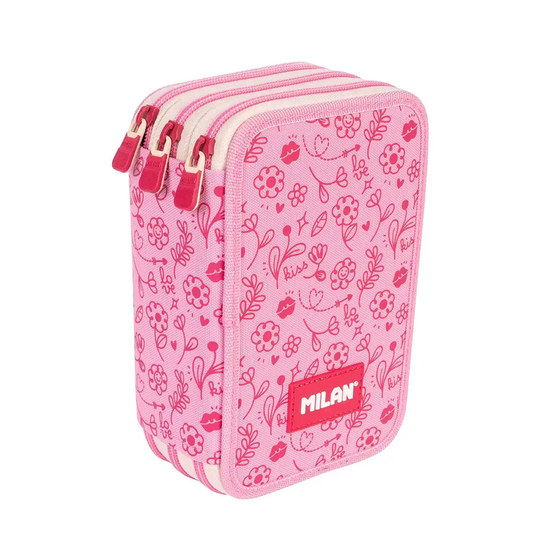 MILAN - Plumier de 3 Pisos con Contenido de 49 Piezas de Material Escolar. Flowicorn Rosa