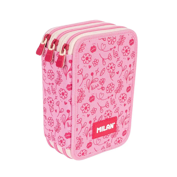 MILAN - Plumier de 3 Pisos con Contenido de 49 Piezas de Material Escolar. Flowicorn Rosa
