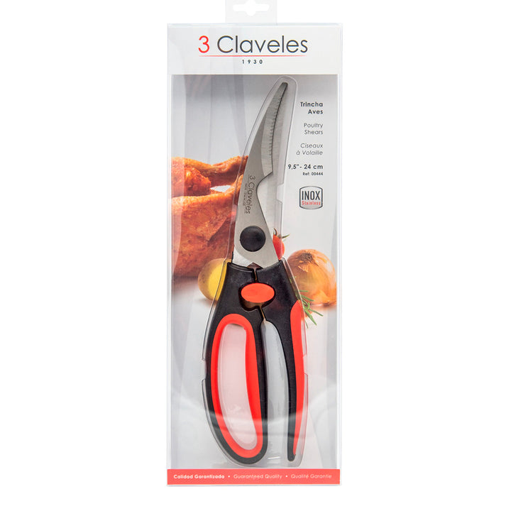 3 Claveles - Tijera Trincha Aves Dentada 9.5" 24 cm. Acero Inoxidable Mango Ergonómico