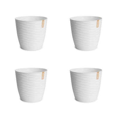 Areca Wind - Set de 4 Macetas Decorativas Redondas 11 cm con Platos Integrados. Blanco Roto