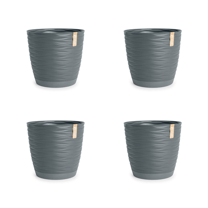 Areca Wind - Set de 4 Macetas Decorativas Redondas 11 cm con Platos Integrados. Gris