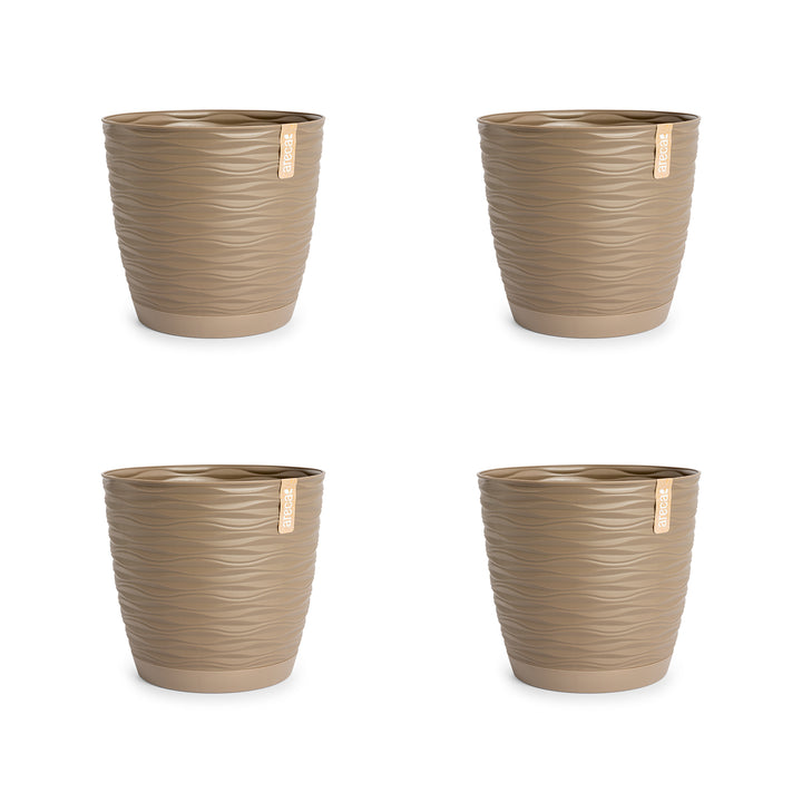 Areca Wind - Set de 4 Macetas Decorativas Redondas 11 cm con Platos Integrados. Taupe